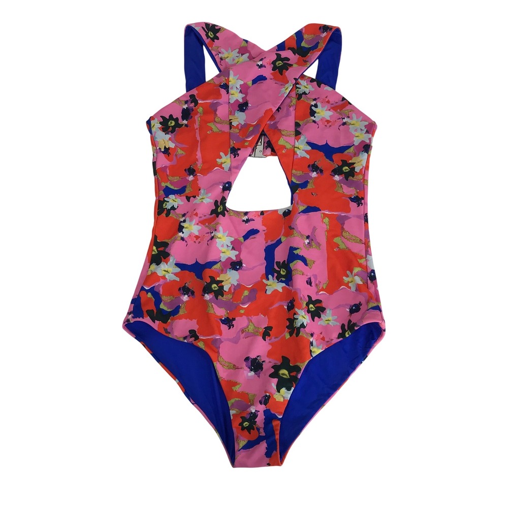 Angelys Balek Pink Orange Floral Cutout Halter One Piece Swimsuit Womens US 4